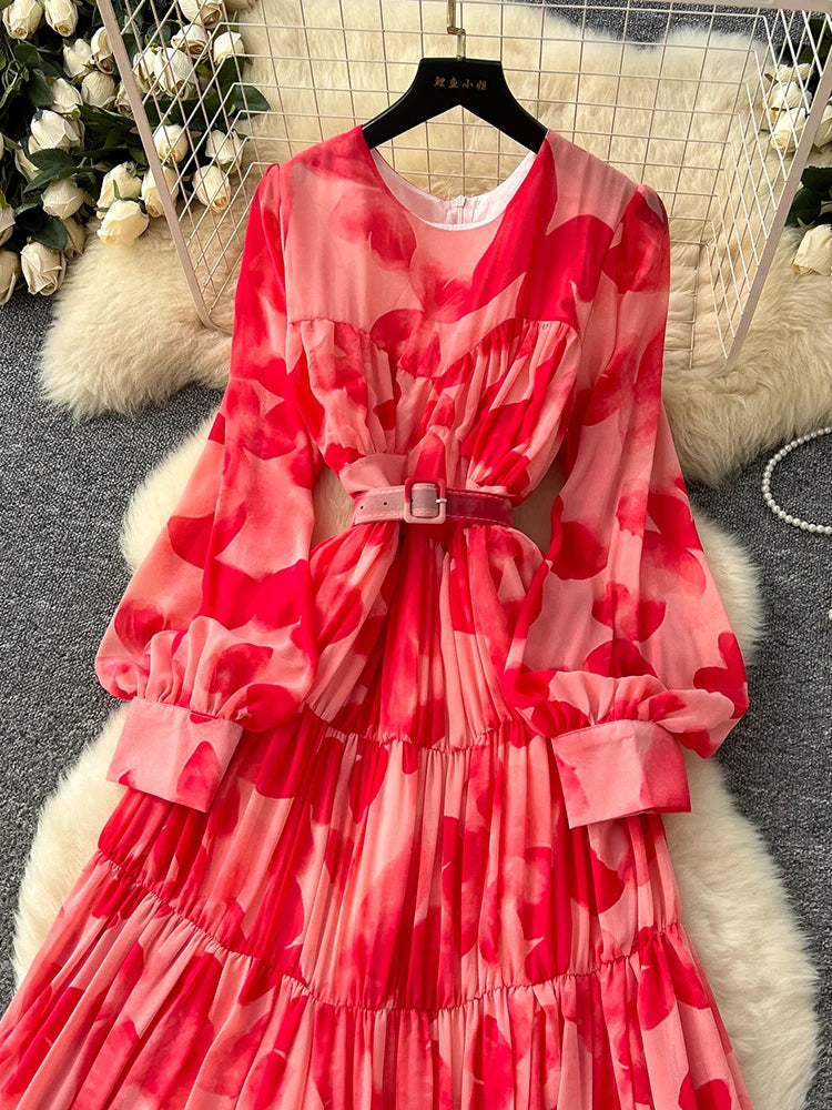 Spring Summer Women's Long Sleeved Printed Large Swing Dress New French Fashion Beach Style Cinched Round Neck Long Dress Y01