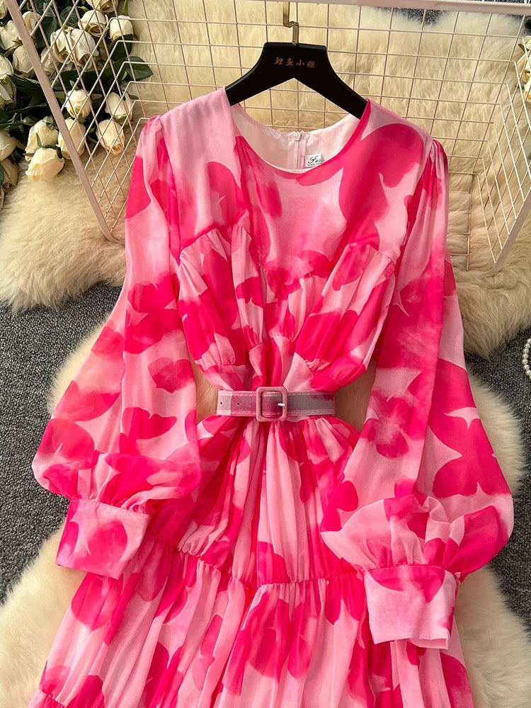 Spring Summer Women's Long Sleeved Printed Large Swing Dress New French Fashion Beach Style Cinched Round Neck Long Dress Y01