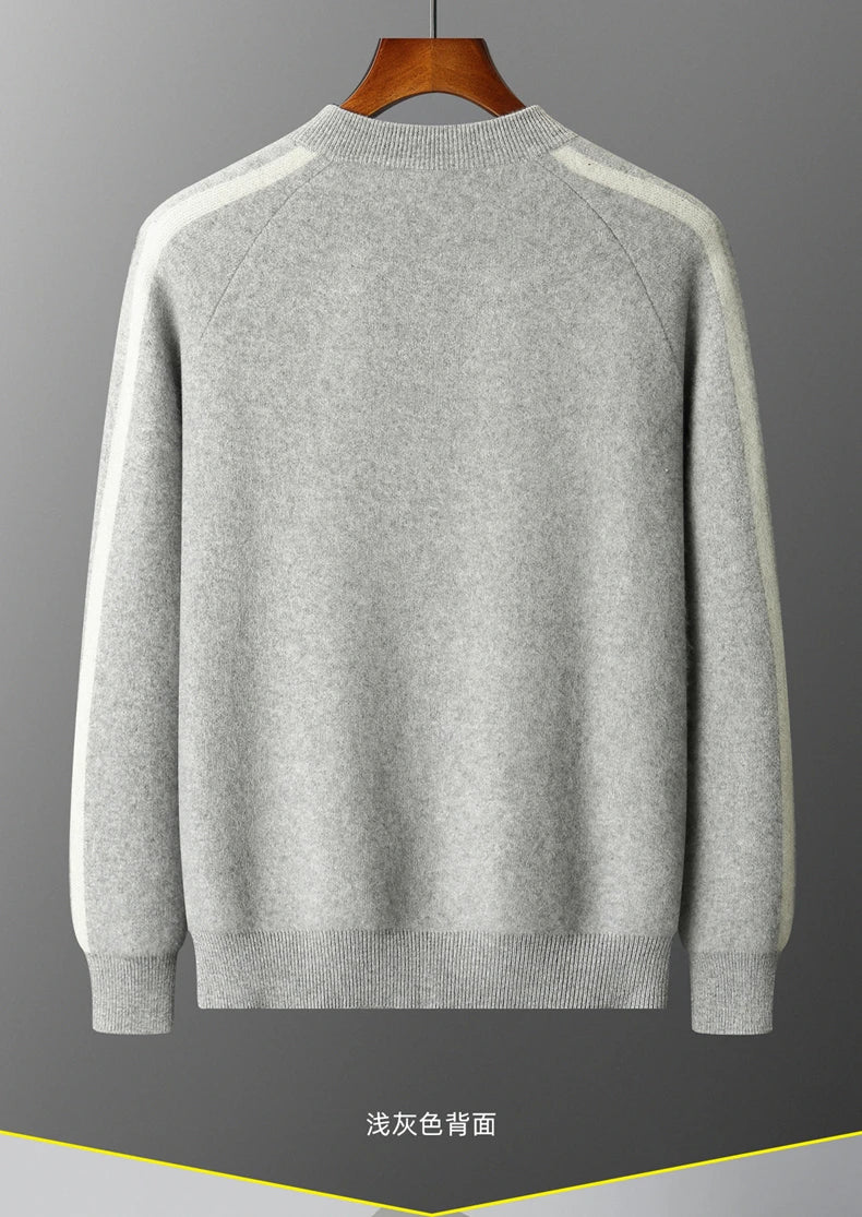 Winter Cashmere Sweater Men's Round Neck Knitted Jacket Contrast Striped Zipper Cardigan Youth Wool Thick Sweater