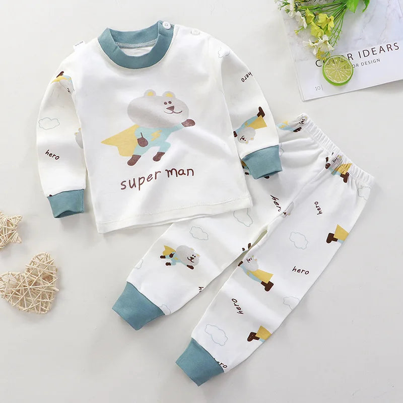 New Child Pure Cotton Underwear Two Piece Boys And Girls Autumn Clothes Toddler Cartoon Long Sleeve Pajama Suits Home Wear