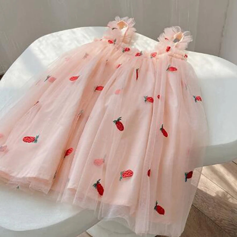 Vestido de fiesta de princesa de verano para niñas, ropa informal para bebés, Vestido de playa sin mangas con flores y frutas, vestidos de malla para niños pequeños