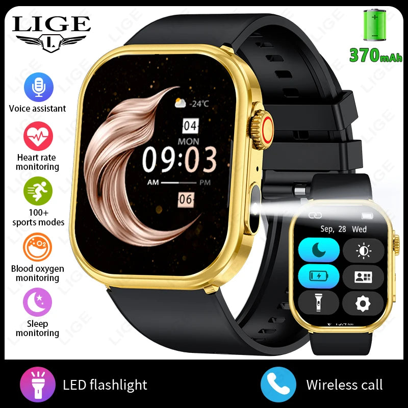 LIGE Women Smart Watch 2.01" IP68 Waterproof Outdoor Sports Tracker LED Flashlight Bluetooth Call Men Smartwatch For Android iOS