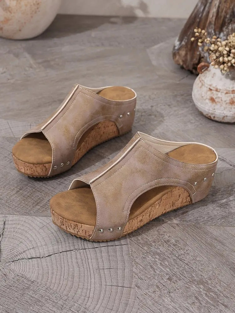 Women's Fashion Wedge Sandals Cork Platform Mules Open Toe Studded Slide Sandals Casual Summer High Heel Slides for Women Ladies