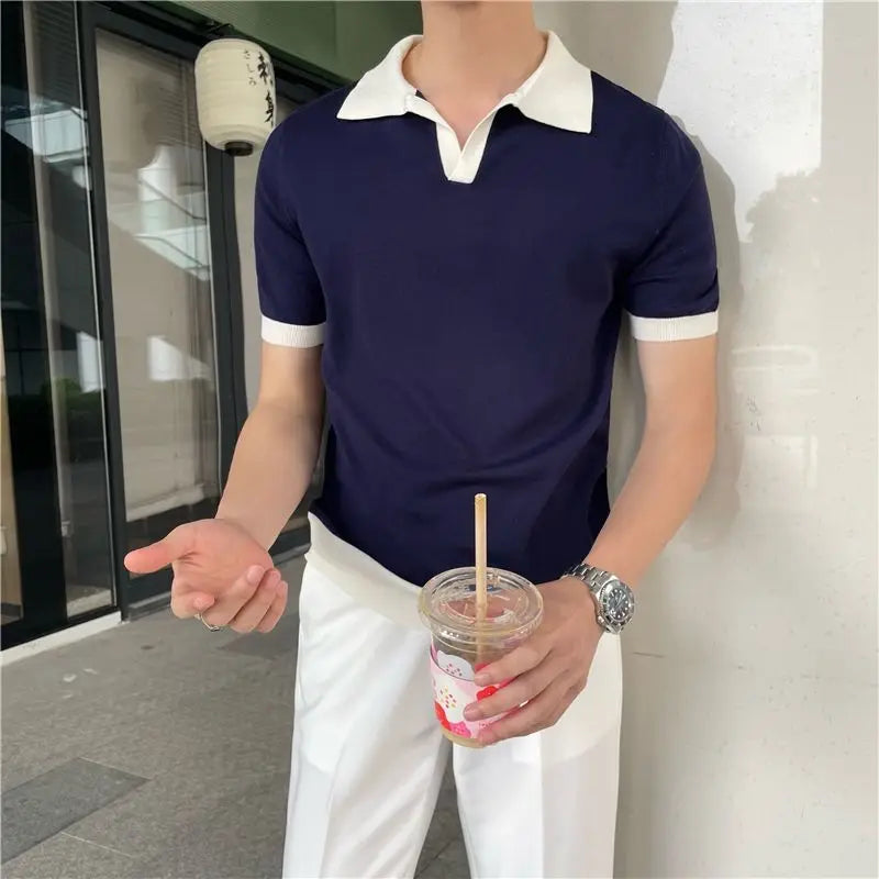 Summer Lapel Breathable Short Sleeve Temperament Men's Clothing Slim Version Solid Color Trend Knitted POLO Shirt