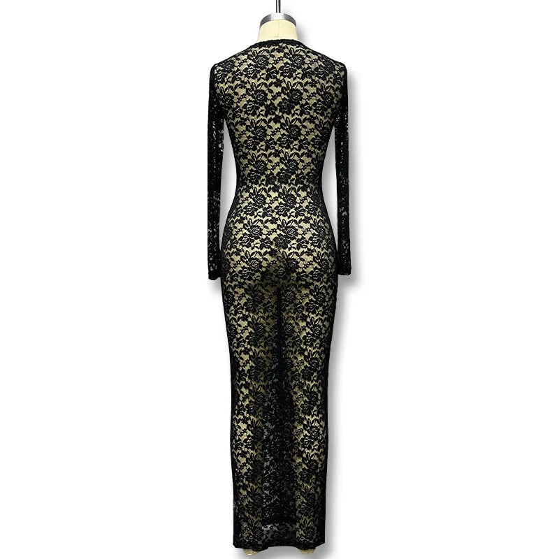 New Spring and Summer Fashion Crew Neck Women's Lace Long Sleeve Dress Elegant Sheer Sexy Slim-fitting Casual Women's Long Dress