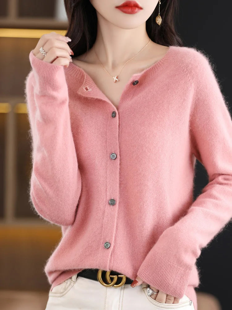Women Cashmere Sweater 100% Merino Wool Knitted Cardigan Autumn Winter  Knitwear O-Neck Female  Solid Color Casual Fashion Top