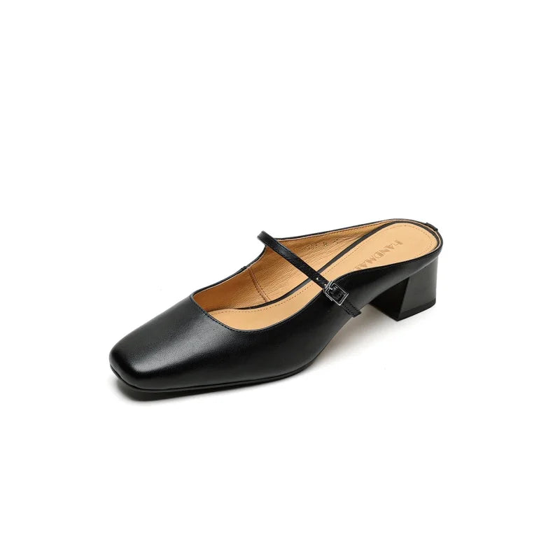 2026 New Summer Women Mules Genuine Leather Women Shoes Squared Toe med Heel Cover Toe Slingback Shallow Modern Slippers