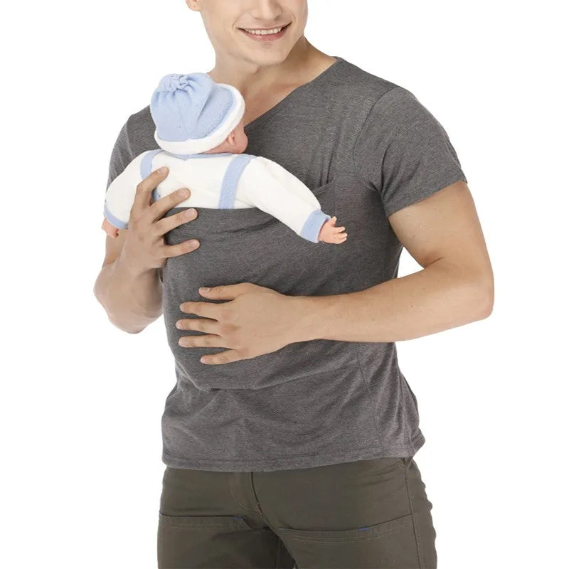 Men's V Neck Short Sleeve Kangaroo T Shirt Baby Carrier Shirt for Dad Skin to Skin Newborn Carry Pocket Parenting Casual Tee New