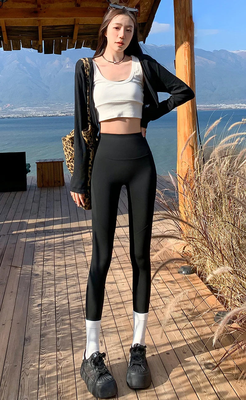 Spring Autumn Thin Sharkskin Leggings Women Side Pocket Hiking Cycling Sports Leggings Woman Naked Feeling Stretch Leggings Lady