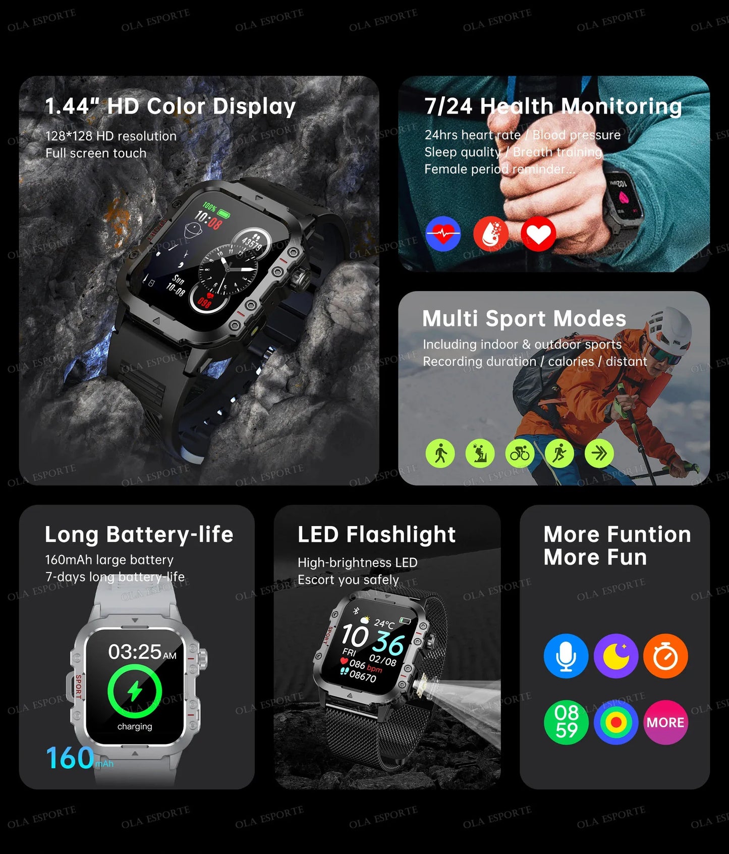 2025 New Military Smart Watch Men IP67 3ATM Waterproof Outdoor Sports Fitness Tracker Health Monitor 1.44Inch BT Call Smartwatch