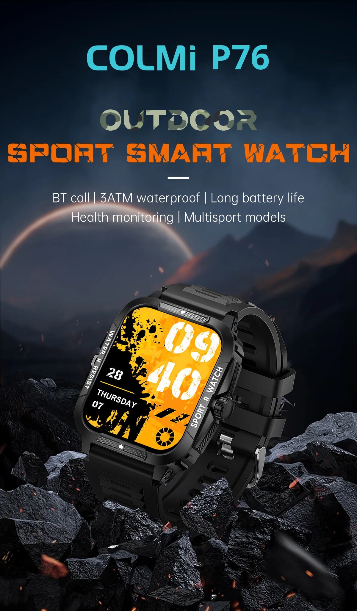 COLMI P76 1.96" Outdoor Military Smartwatch Men Bluetooth Call Smart Watch 3ATM IP68 Waterproof Sports Fitness Watches