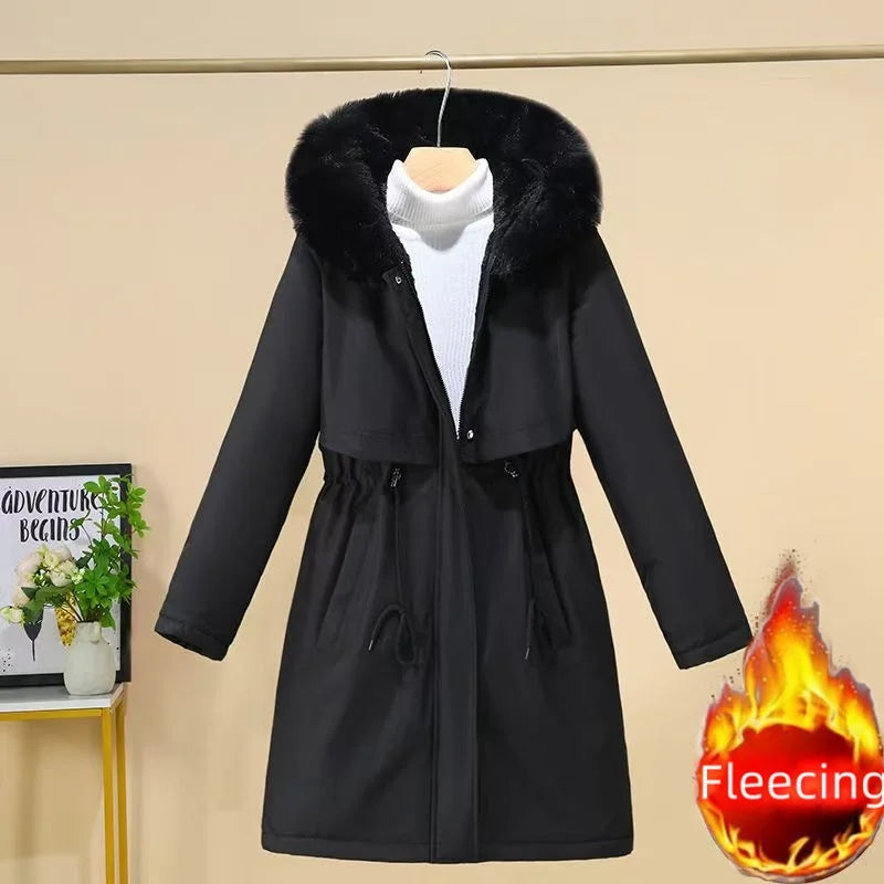 Winter Women Clothes Wool Liner Jacket Casual Thick Parka Fur Collar Long Coat Warm Hooded Snow Wear Padded Solid Colour Jackets