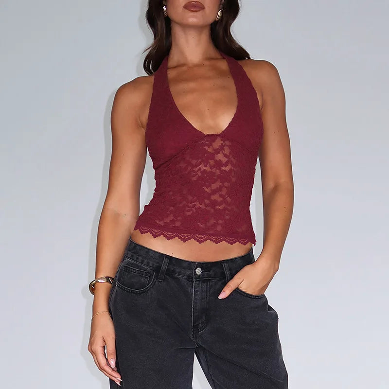 Women Summer Halter Tank Tops Hot Girls Sexy Hollow Out Lace Backless Vest Crop Tops