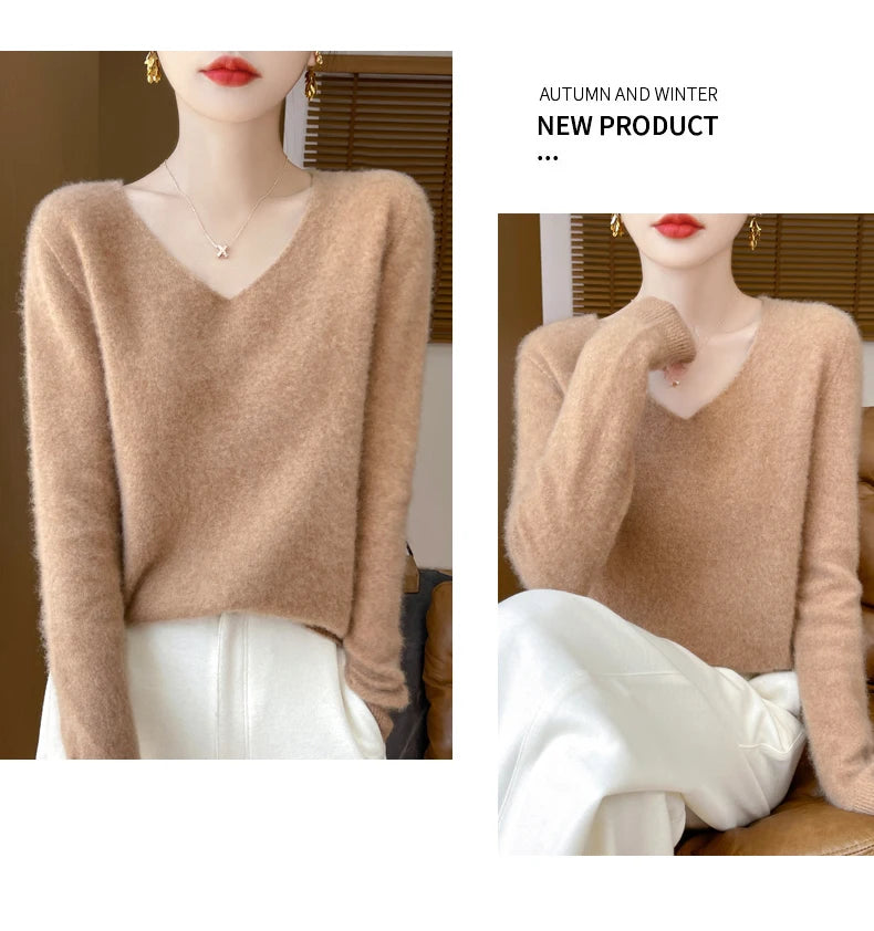 Fashion Pullover 100% Merino Wool Women Sweater V-Neck Long Sleeve Basic Jumper Spring Autumn Winter Clothing Knitwear Tops