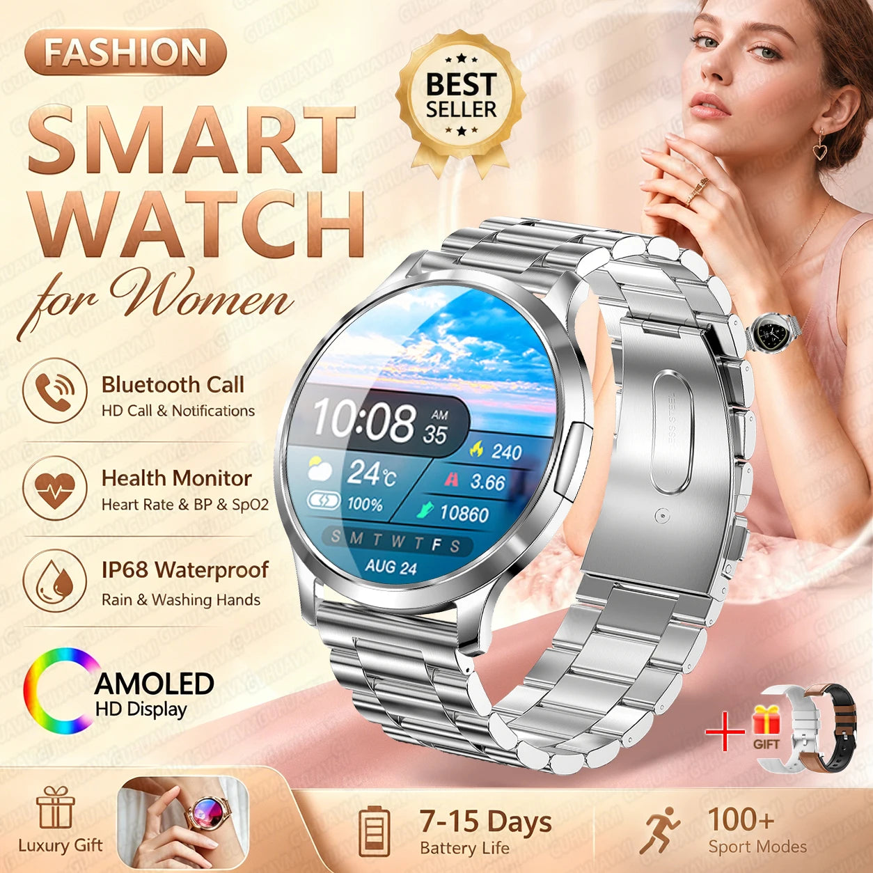 2026New Smart Watch 1.32”AMOLED Ultra-thin Display 100+Sports modes Blood Pressure Waterproof Bluetooth call Bracelet Women Gift