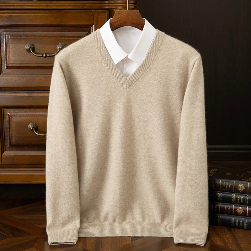 100% Cashmere Men's Pullover Casual Solid Color Knitted Sweater Loose Pull V-Neck Tops Basic Versatile Jumper