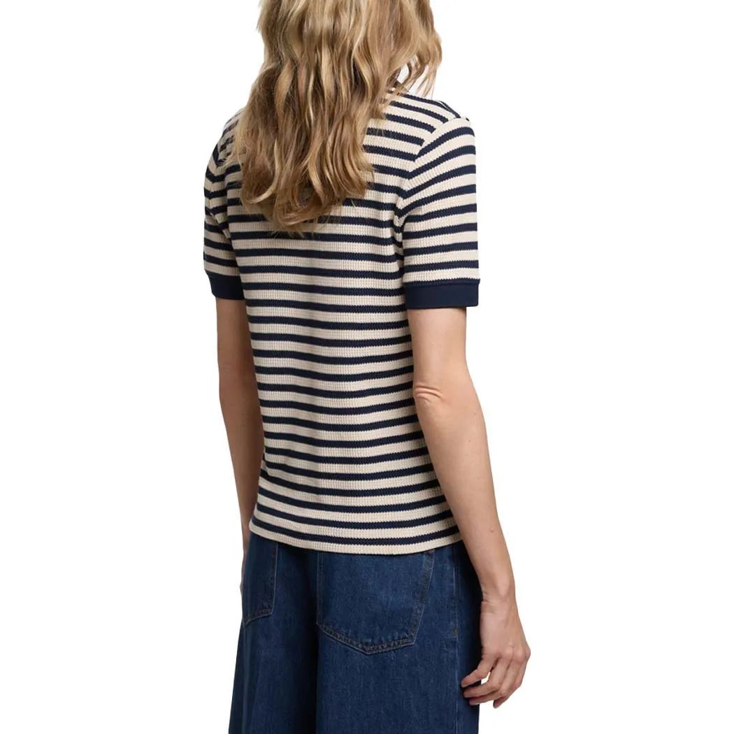 CHCH Fashion Stripe Knitted Polo Neck T Shirt For Women Soft Chic Short Sleeve Casual Pullovers 2025 Summer New Lady Street Tops