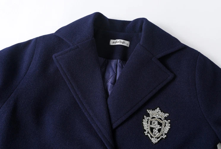 Teens Girls Winter Jacket Preppy Style Navy Mid-length Wool Coat for Kids Thick Warm Casual All-match School Children Outerwear