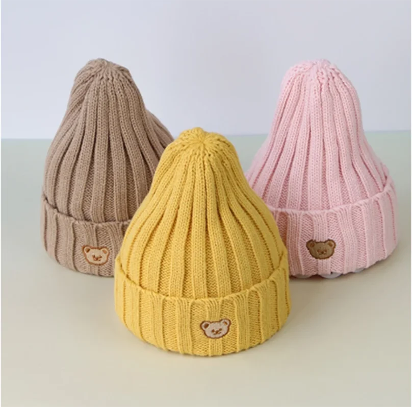 Gorro de invierno para bebé, gorro tejido de algodón para otoño, gorro para niños y niñas, bonito oso de dibujos animados, gorro suave y cálido de Color sólido para niños