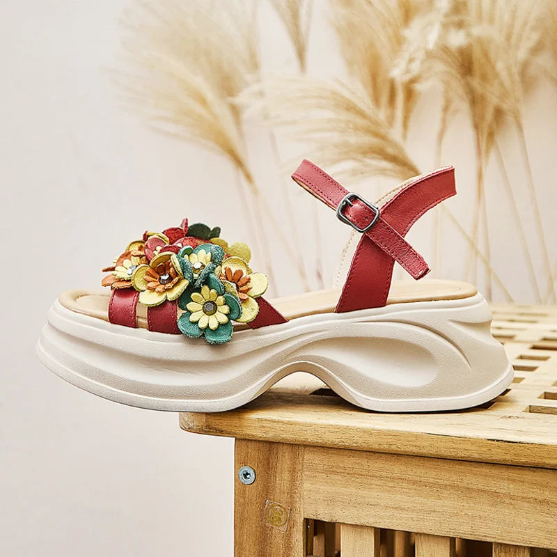 Summer Women's Flat Sandals Leather Mary Jane Ankle Strap Floral Beach Outdoor Platform 6cm Wedge Slipper