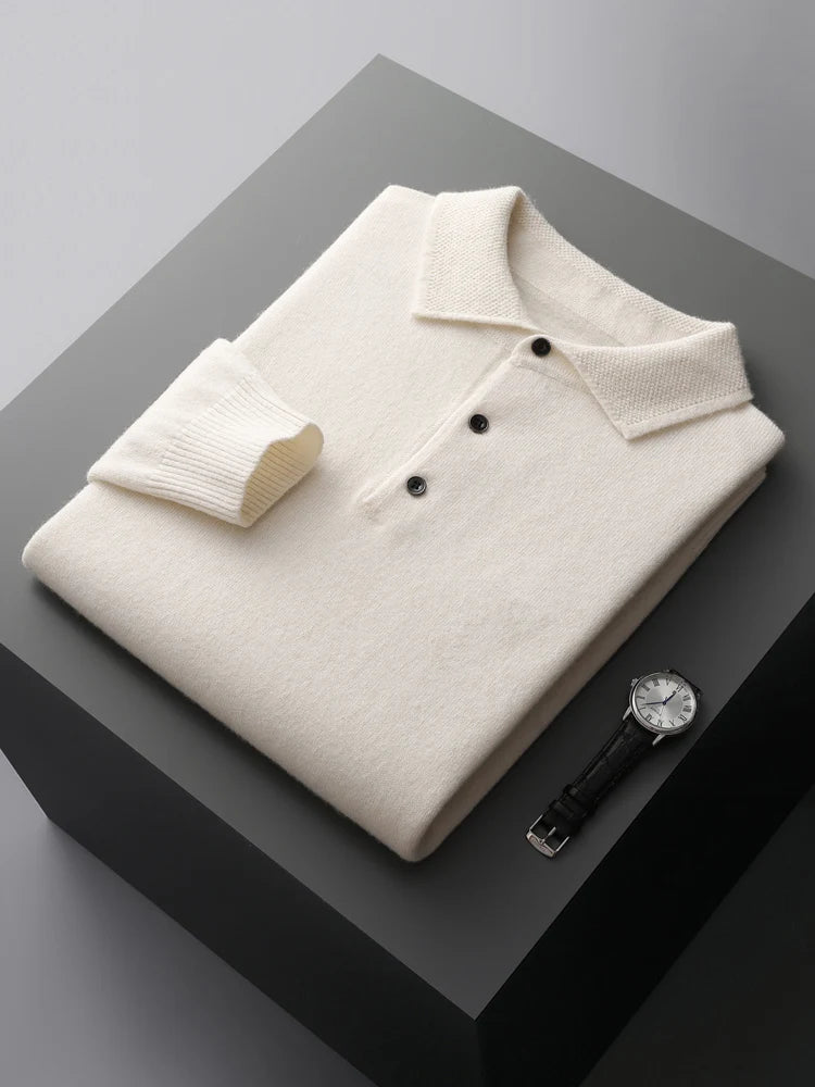 Fashion Autumn Winter New Cashmere Sweater Men's 100% Merino Wool Pullover Casual Loose POLO Knitted Bottom Shirt Jacket Shirt