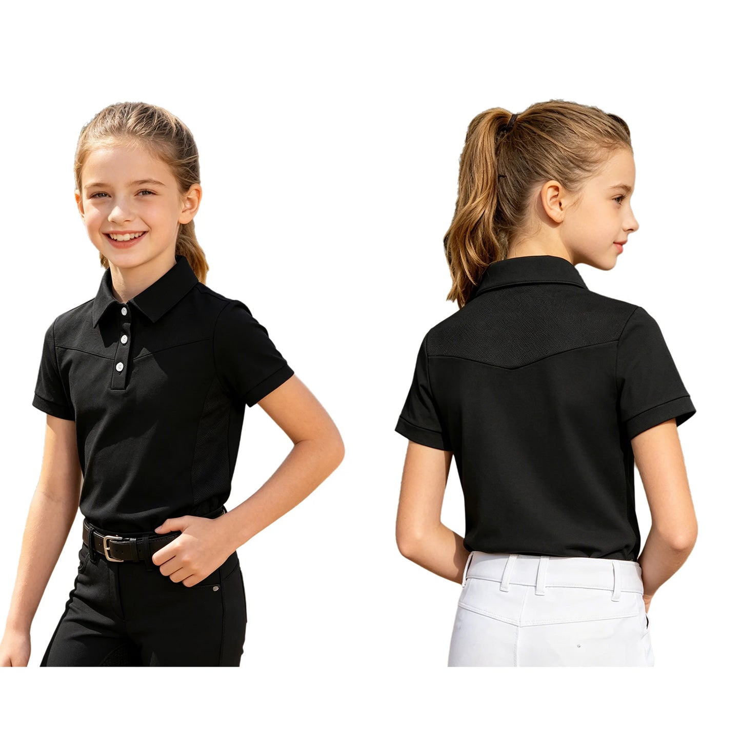 Kids Girls Horse Riding Shirts Short Sleeve Turn Down Collar Buttons T-shirt Closure Design Equestrian Costumes Sports Tops
