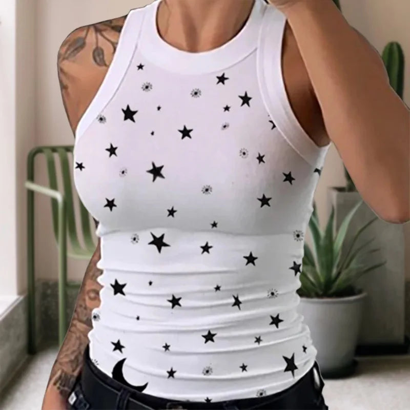 Women's Clothing Tops Tanks Camis Digital Printed Round Neck I-Shaped Vest Sexy Summer Striped Sleeveless Vest for Women Vests