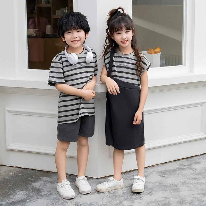 Fashion Family Matching Summer Clothes Korean Mother and Daughter Equal Dress Women Dresses Father Son T Shirts Skorts Outfits