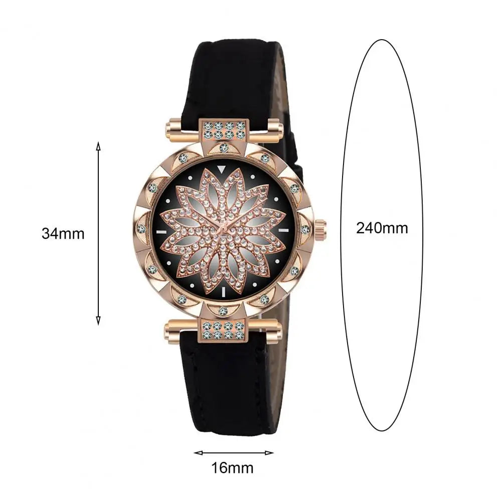 Quartz Watch Bangle Kit Rhinestone Pointer Display Adjustable Precise Time Luxury Women Starry Sky Watch Bracelet Set Wristwatch