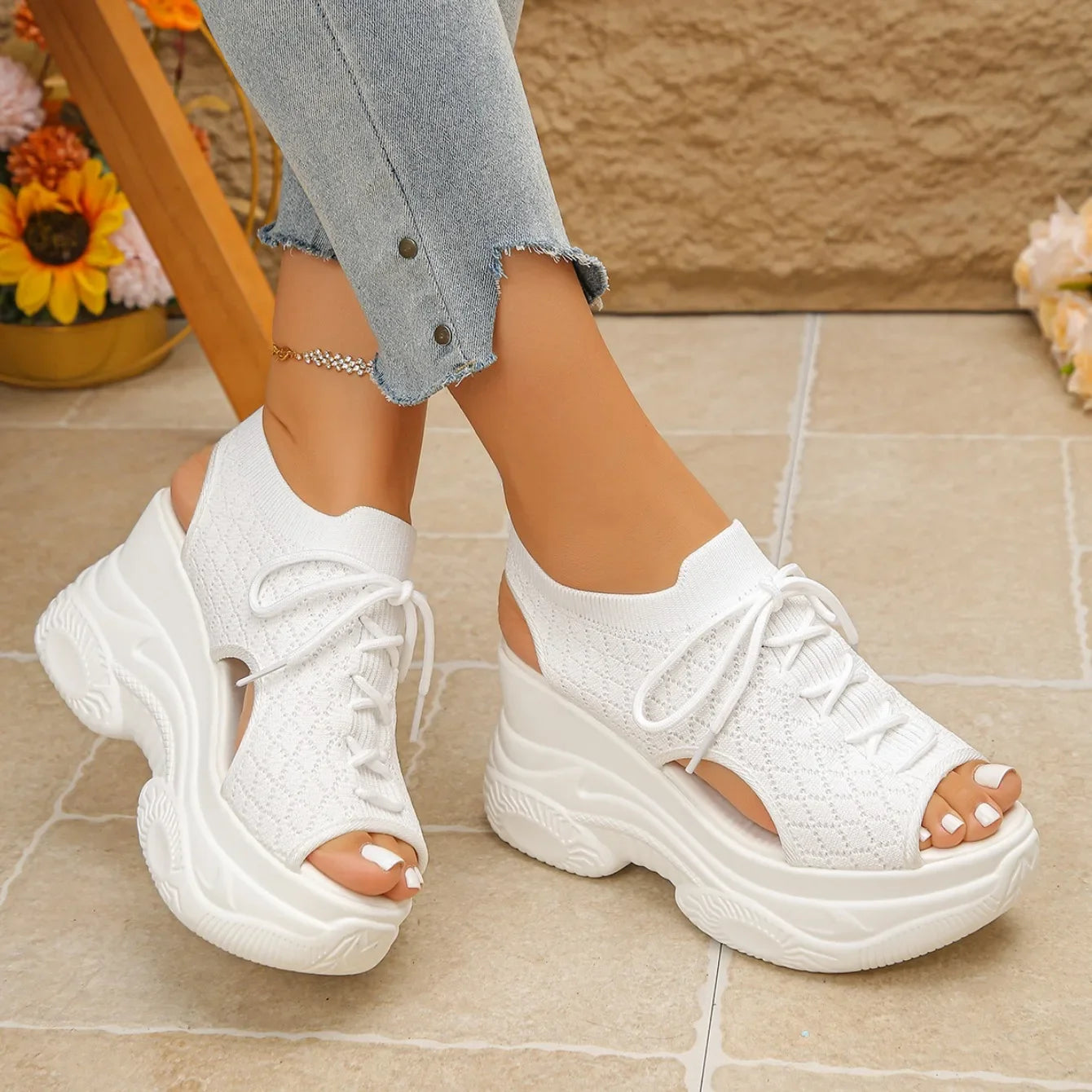 Women Sandals Non-slip Thick-soled Lace-up Casual Shoes for Women Summer Fashion Comfortable Sandals Round-toe Wedge Roman Shoes