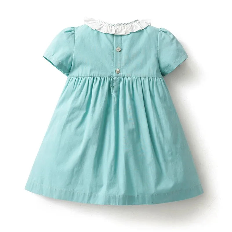 Vestido bordado hecho a mano para niñas pequeñas, vestido de manga corta con cuello con volantes, vestidos de flores bordados de algodón para niños pequeños