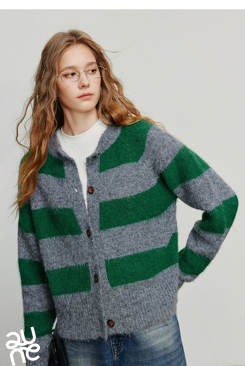 TOYOUTH Women Sweater 2025 Autumn New Color Contrasting Lulu Style Striped Cardigan Tops