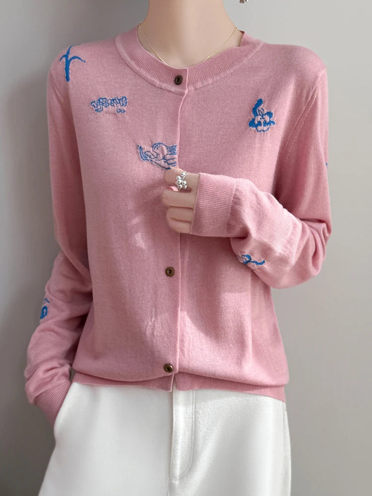2025 New Merino Worsted Wool Women Sweater Spring Female Knitted Cardigan Long Sleeve Solid Clothing Tops Embroidery Outerwear
