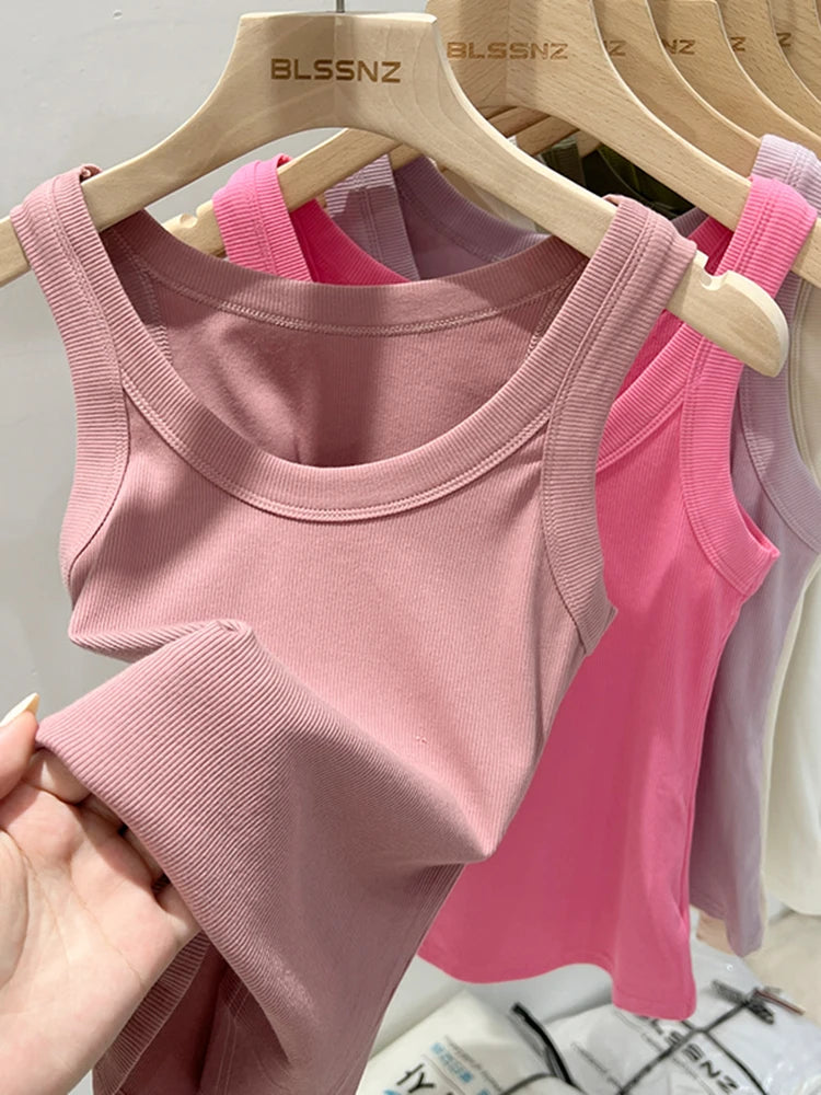 Women Solid Round Neck Ribbed Tank Top Camisole Women 2026 Summer Basic Elastic Tank Top O Neck Solid Tank Top