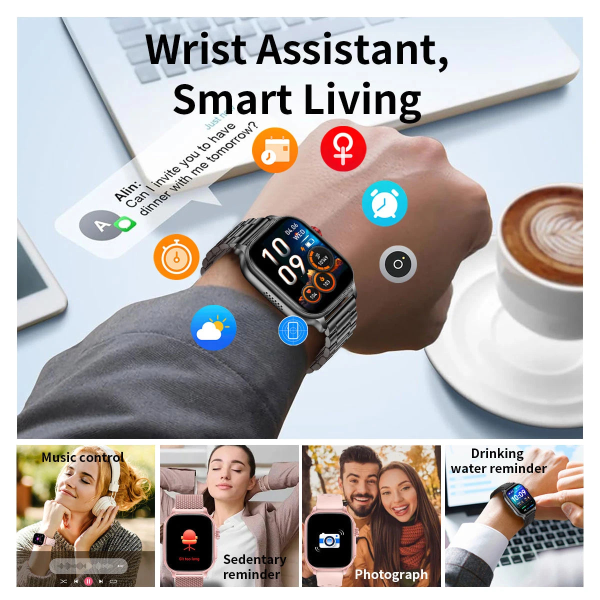 LIGE New Smart Watch Men Women 1400mAh Ultra Battery 2.01Inch HD Screen LED Flashlight IP68 Waterproof Bluetooth Call SmartWatch