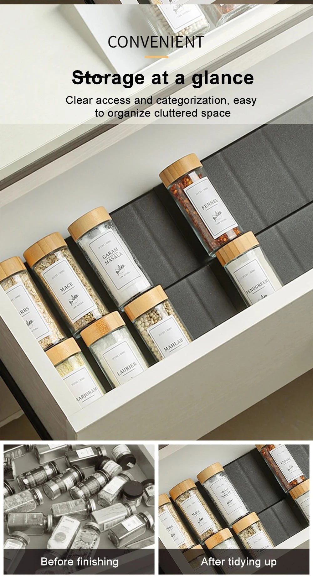 2 Layers Kitchen Spice Drawer Organizer Adjustable Spice Rack for Spice Jars Seasoning Bottles Cabinet Pantry Kitchen Organizer