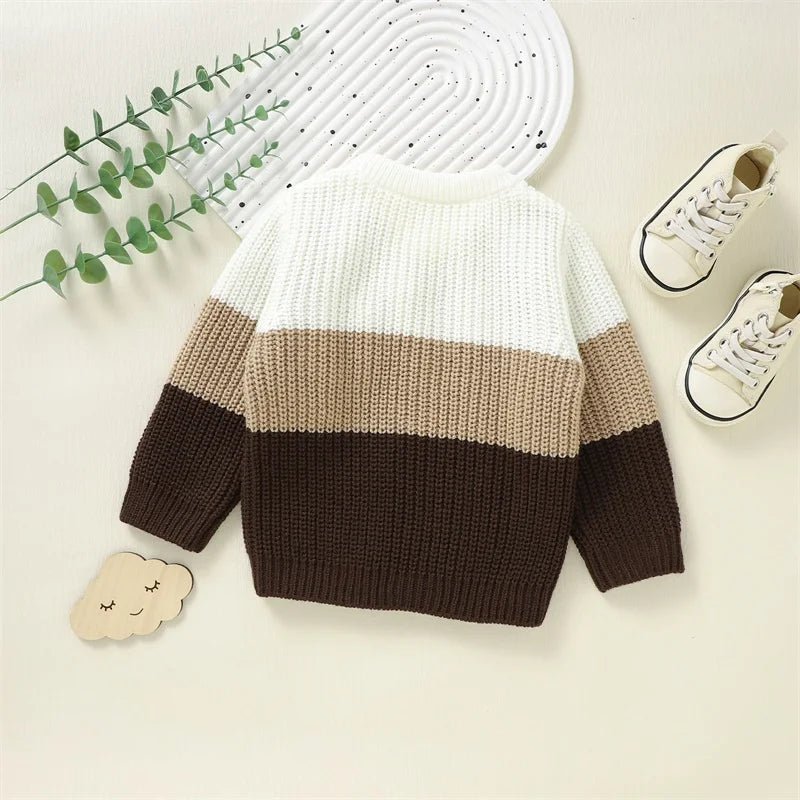 Suefunskry Baby Boys Girls Knit Sweater Contrast Color Crew Neck Warm Pullovers Long Sleeve Tops Fall Winter Toddler Clothes