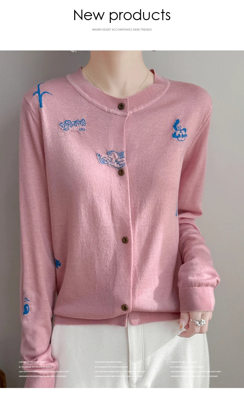 2025 New Merino Worsted Wool Women Sweater Spring Female Knitted Cardigan Long Sleeve Solid Clothing Tops Embroidery Outerwear