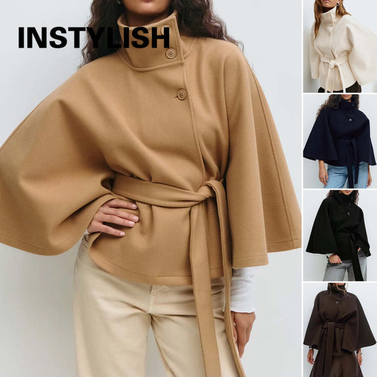 Women Lace Up High Neck Jackets for Women with Belt Elegant Windbreaker Faux Wool Blends Cape Korean Solid Windbreaker Cloak