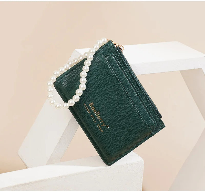 Fashionable Womens Card Case Ins Trend High Class Pearl PU Small Purse