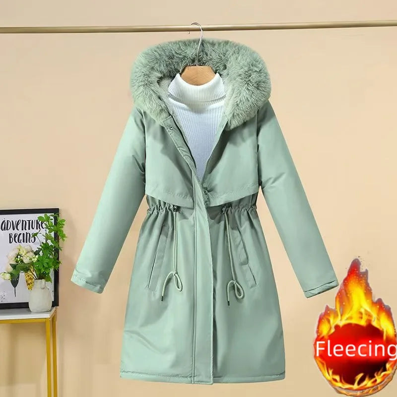 Winter Women Clothes Wool Liner Jacket Casual Thick Parka Fur Collar Long Coat Warm Hooded Snow Wear Padded Solid Colour Jackets