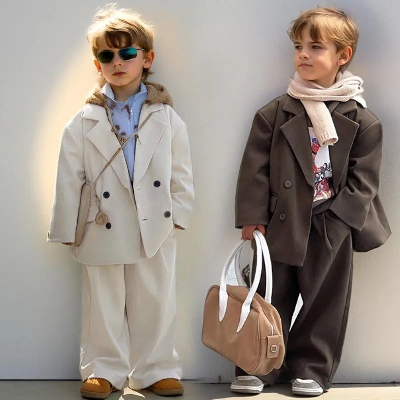 Boys Woolen Suit Set Autumn Winter Thicken Warm Casual Blazers Trousers Two-piece Children White Wedding Outfits 2 To 12 Years