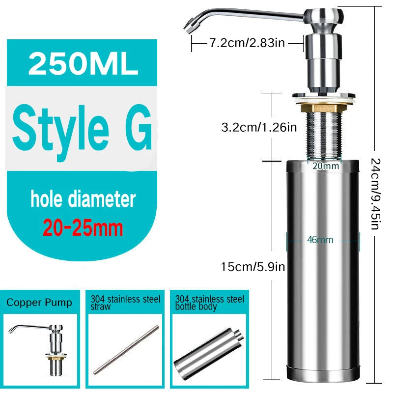 Stainless Steel Sink Soap Dispenser Kitchen Detergent Liquid Soap Dispenser Refillable Hand Press Sink Built-in Bottle