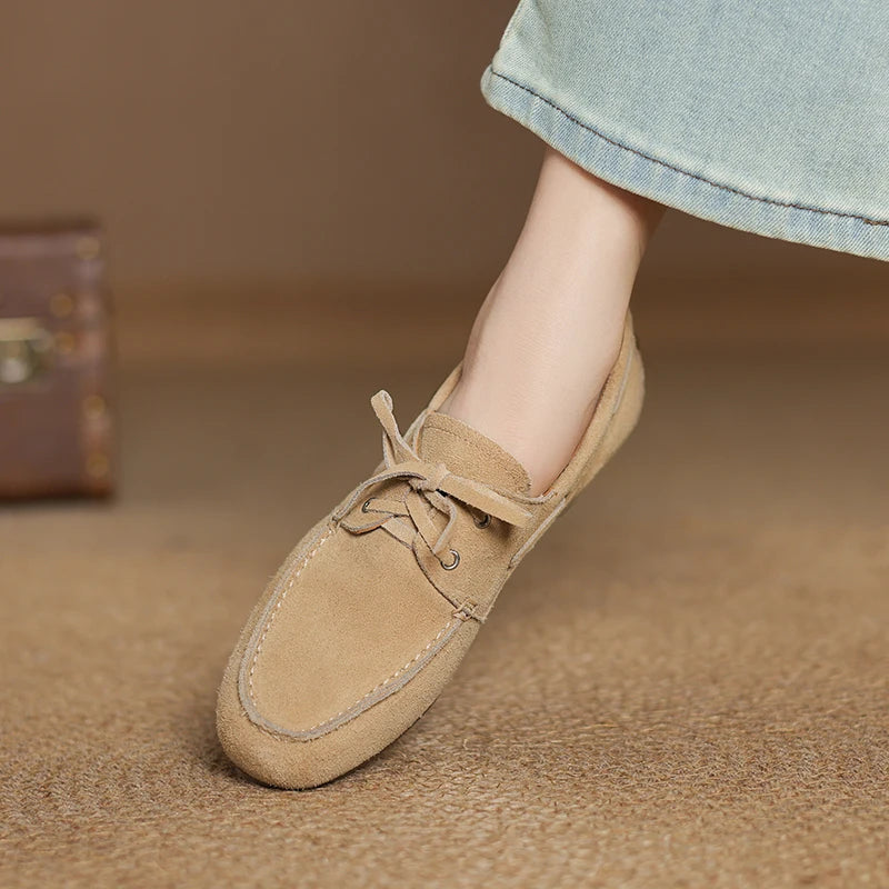 2026 New Spring Genuine Leather Women Shoes Round Toe Women Flats Shoes for Women Retro Lace Up Loafers Fashion Ladies Shoes