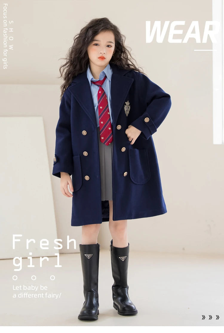 Teens Girls Winter Jacket Preppy Style Navy Mid-length Wool Coat for Kids Thick Warm Casual All-match School Children Outerwear