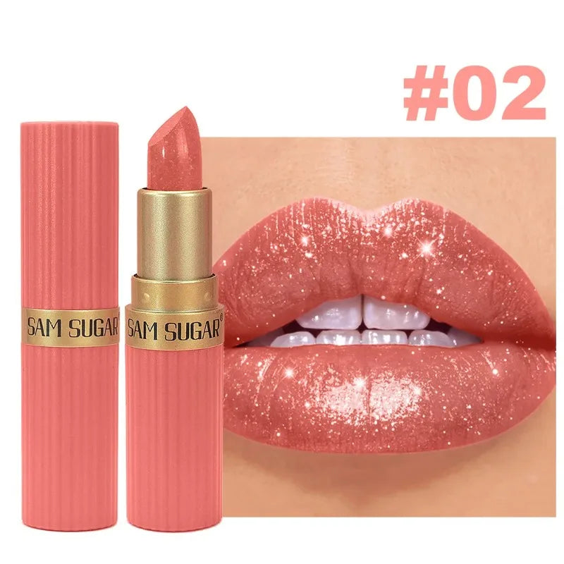 Pearlescent Pink Glitter Lipstick Metallic Waterproof Long Lasting Nude Matte Velvet Lip Stick Shimmer Diamond Women Sexy Makeup