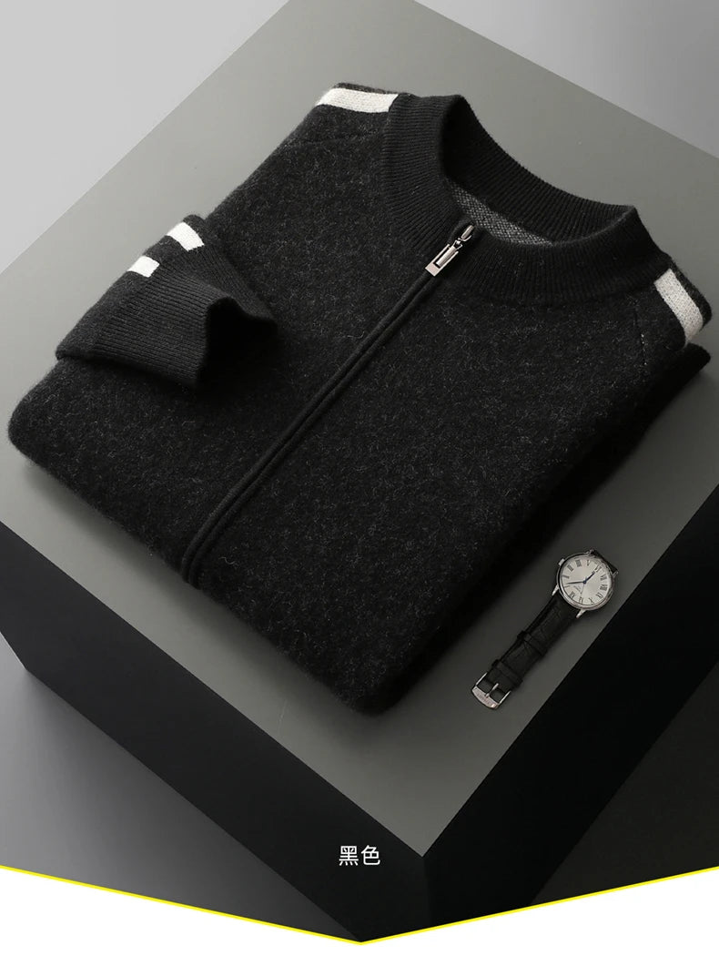 Winter Cashmere Sweater Men's Round Neck Knitted Jacket Contrast Striped Zipper Cardigan Youth Wool Thick Sweater