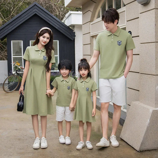 Mom and Daughter Girls Short Sleeve Couples Dresses Dad and Son Matching Clothes Polo Shirts Green Family Clothing  Summer