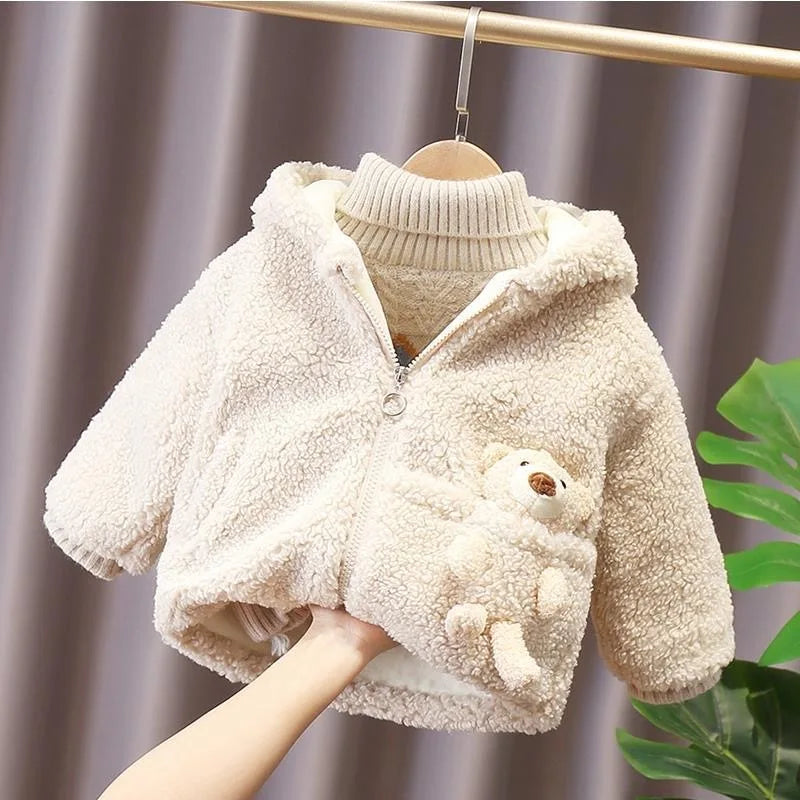 Chaqueta de invierno gruesa y cálida con capucha para niños, abrigos de peluche con oso bonito, ropa para niña pequeña