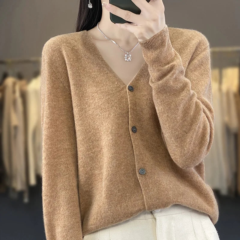New Fashion Spring Autumn 100% Merino Wool Women's V-neck Cardigan Cashmere Sweater 2024 Female Knitwear Clothing Korean Tops